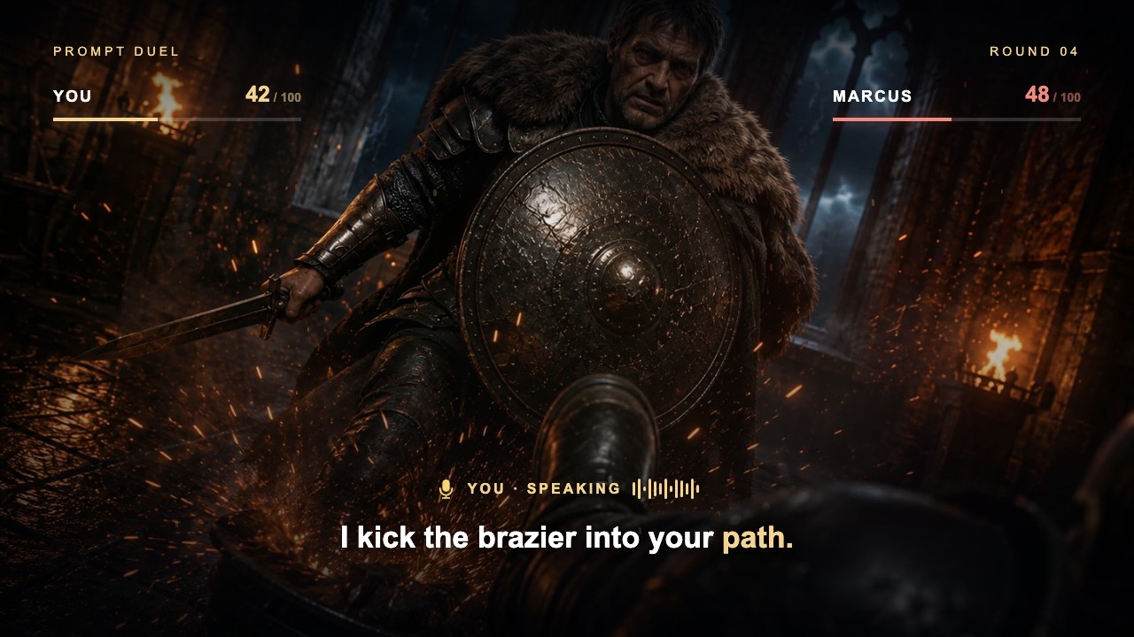 A cinematic Prompt Duel battle between a challenger and Marcus