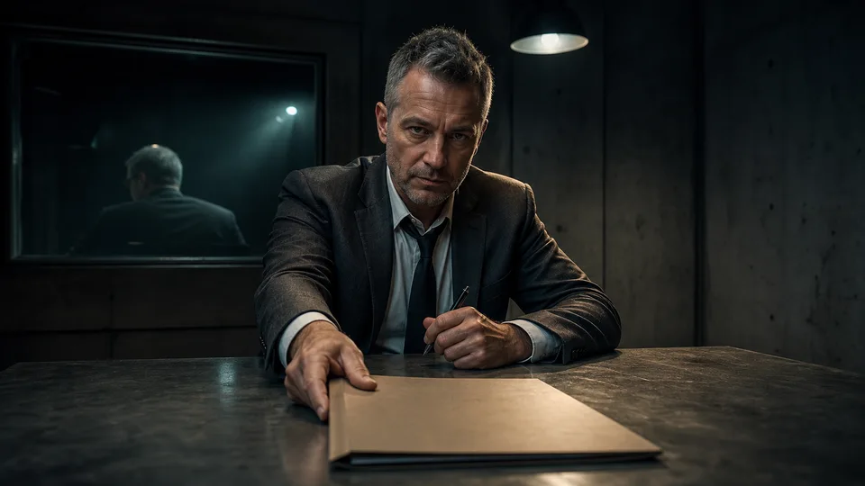 Detective Graves across an interrogation table