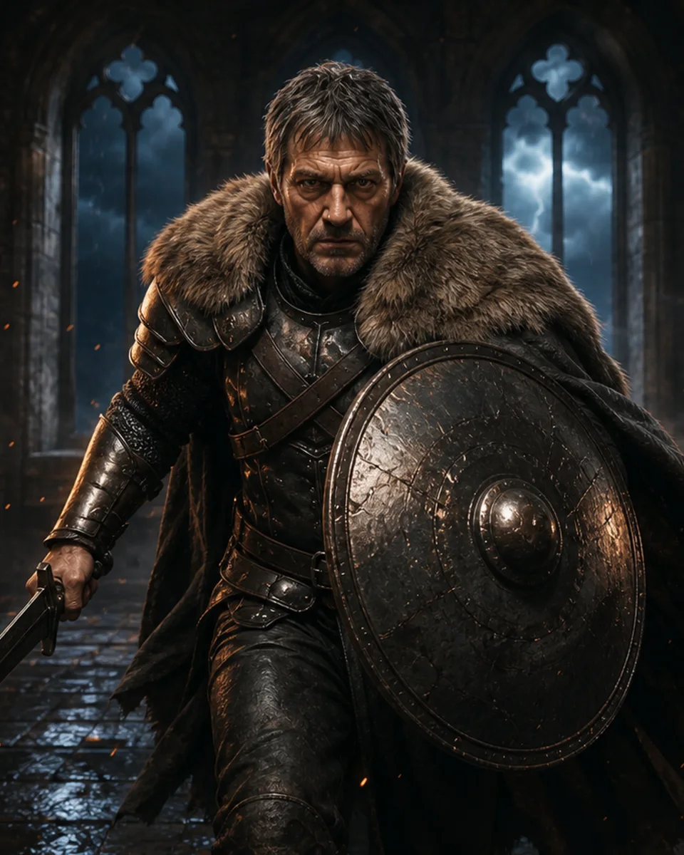 Marcus, an armored strategist holding a shield in a burning stone arena